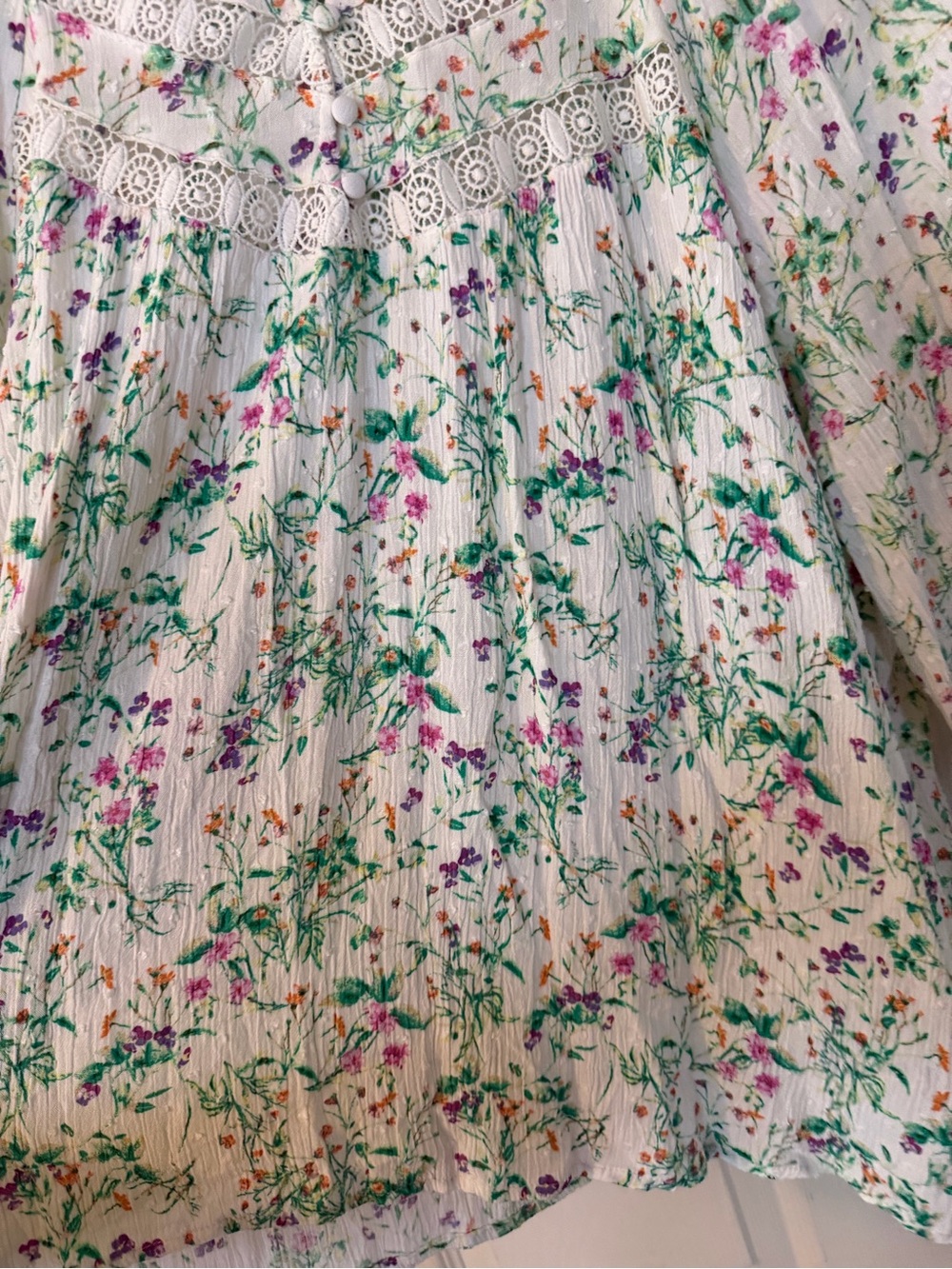 Rose & Olive Cream Floral Crochet-Yoke Peasant Blouse Flowy - Picture 3 of 9